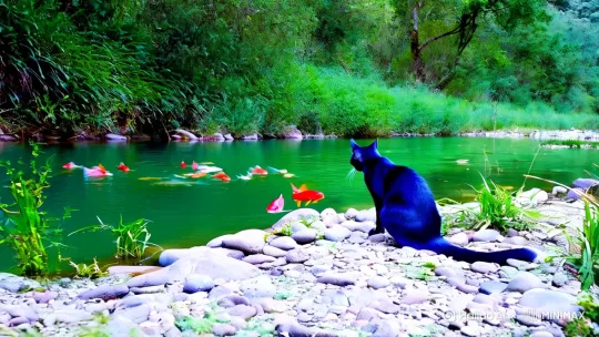 一只蓝猫在河里摸鱼，河水清澈碧绿，鲤鱼游来游去[推进,下摇,跟随] by Hailuo AI Video Generator