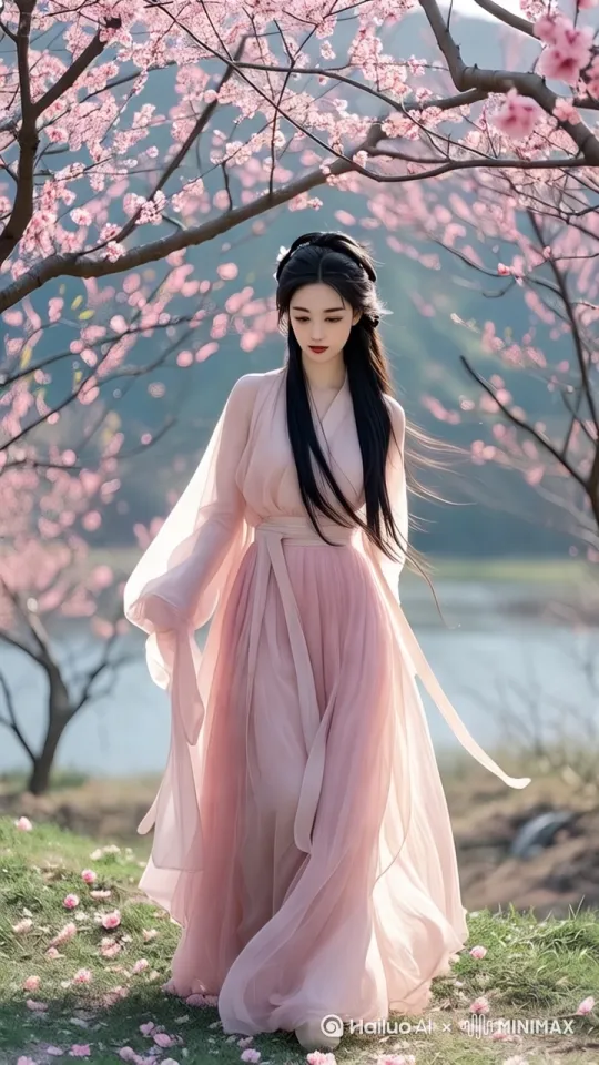 主体呈现动态，自然桃花纷纷落，姑娘面对镜头走来 by Hailuo AI Video Generator