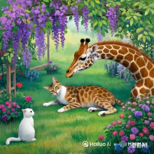 ただ白い猫がキリンに飛びかかる。 by Hailuo AI Video Generator