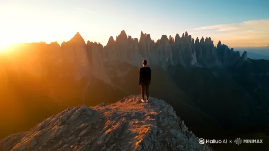 一个人站在一座山上，看对面的日照金山。模仿无人机运镜 by Hailuo AI Video Generator