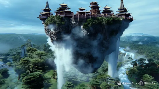天空中一座巨大无比的悬浮的山峰，翻转180度。山上有几个小小的古建筑，长着几棵古松[推进]有蜿蜒的溪流和一条瀑布，雾气在浮动[右移]几个站在宝剑上的人从远处飞来，穿着白色的长袍[左移]飞向山上亭台楼阁之中。 by Hailuo AI Video Generator