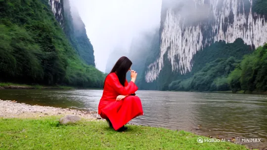 古装中国红衣女子蹲在河边梳头的背影，河两边是陡峭的山壁，浓密的树林升起白雾。女子猛然回头，脸是一张蛇的脸[变焦推进] by Hailuo AI Video Generator