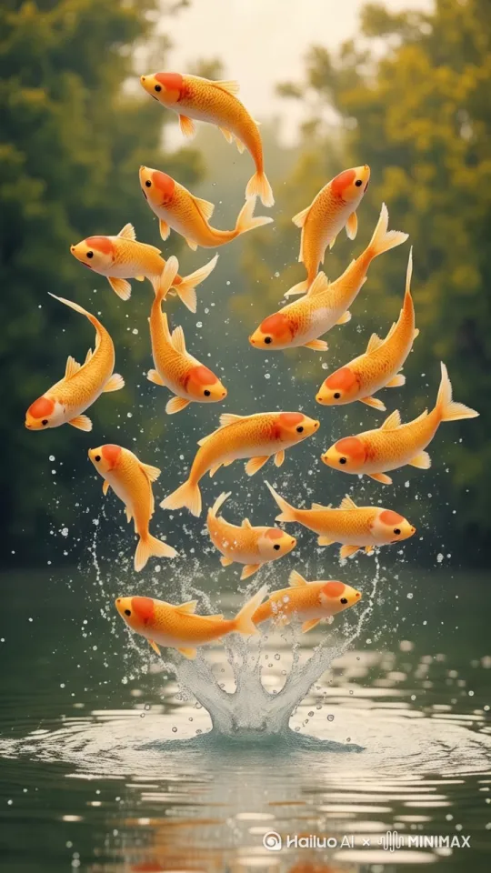 有很多的鱼飞出水面 浪花一波接一波 by Hailuo AI Video Generator