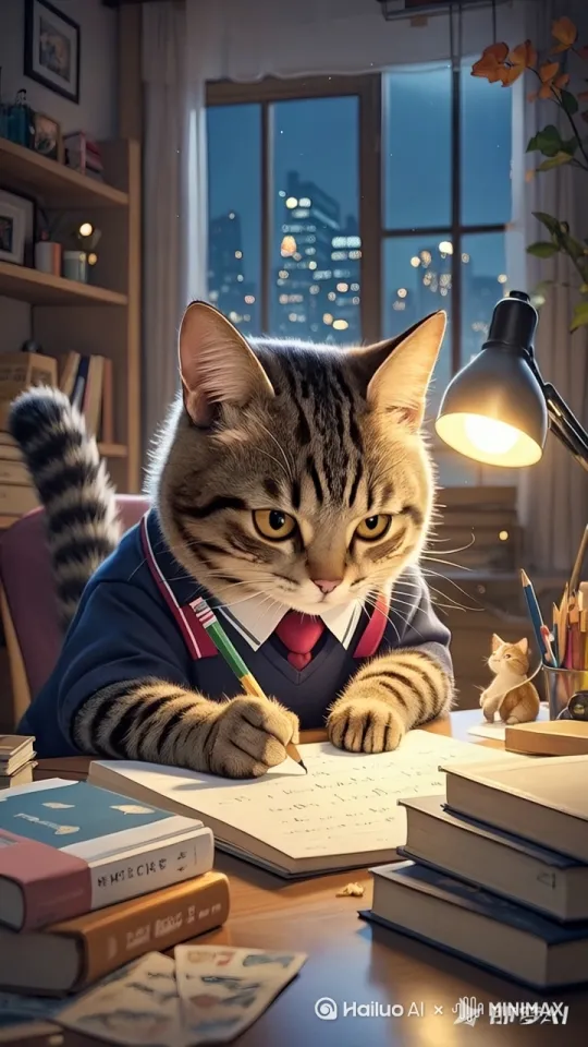 ：绘制一只拟人化虎斑猫，身着深蓝色带红色装饰的校服与红色领带，爪子握铅笔在纸上书写，周围布置堆满书籍、文具的书桌，搭配亮着的台灯营造暖光氛围，背景呈现窗外模糊的城市夜景灯光，画面风格细腻写实，突显萌趣与梦幻融合的场景。 by Hailuo AI Video Generator