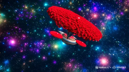 中景，推镜头，科幻风格，电影大片，万物皆可生花，宇宙生花，一艘巨大的宇宙飞船航行在茫茫的宇宙星空，宇宙飞船表面长满盛开的红玫瑰，美丽，色彩绚烂，星空深邃，瑰丽，壮观，中景，推镜头，极致细节，高清， by Hailuo AI Video Generator