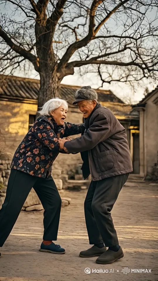 3. 微风轻拂着村口的野草，谁能想到，这看似宁静的画面里，一个老头和老太婆正激烈对打，抓头发、扯衣服，场面混乱不堪。 by Hailuo AI Video Generator