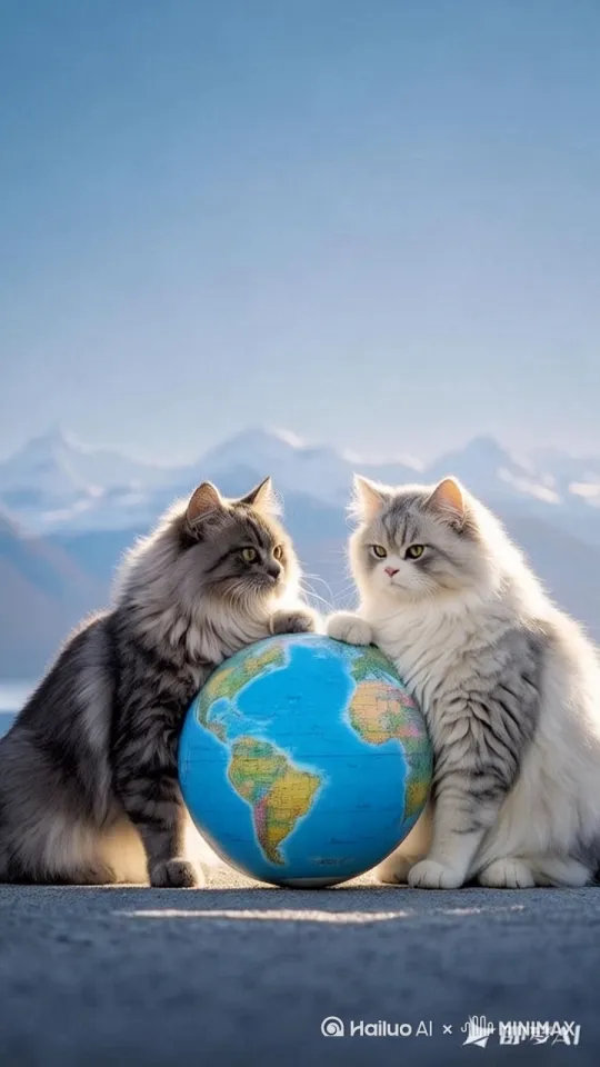 猫咪转动地球仪，推动地球仪在地上滚来滚去 by Hailuo AI Video Generator