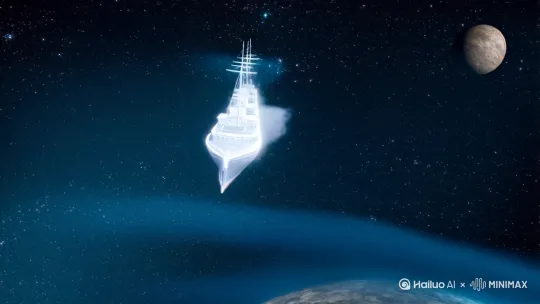 庄子的虛舟，星辰闪烁的浩渺宇宙，一艘巨船的虚影在宇宙漂浮航行，宇宙深空星光璀璨，星球转动运行，虛舟航行无阻。船的轮廓呈现银白闪亮的虚线轮廓，数字效果，云烟缭绕缥缈翻涌 by Hailuo AI Video Generator