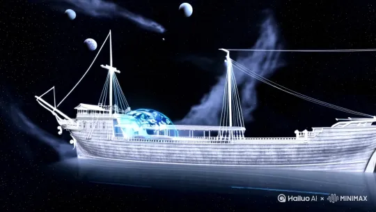 庄子的虛舟，星辰闪烁的浩渺宇宙，一艘巨船的虚影在宇宙漂浮航行，船是古代大木船的轮廓，船身是没有楼阁的木舟，空的，宇宙深空星光璀璨，星球转动运行，虛舟航行无阻。船的轮廓呈现银白闪亮的虚线轮廓，轮廓内有地球的虚影，数字效果，云烟缭绕缥缈翻涌 by Hailuo AI Video Generator