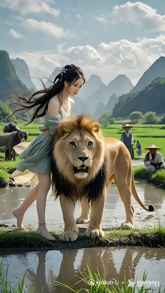 杨秧田里出现了好多。小龙虾。美女骑上狮子跑了。其他插秧的人也跟着后面跑了。镜面移动。动态跟随 by Hailuo AI Video Generator