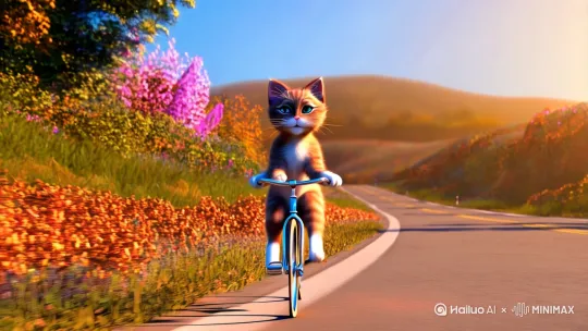 一个拟人的小猫在路上骑自行车，3D，8K画质[拉远,变焦拉远] by Hailuo AI Video Generator