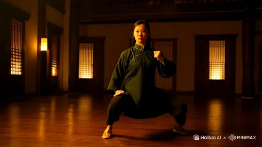 一位年轻漂亮的中国美女，腿扎马步，双手分别抱拳于腰间两侧，只见美女以迅雷不及掩耳之势对着摄影镜头挥出一拳，顿时火光四溅。 by Hailuo AI Video Generator