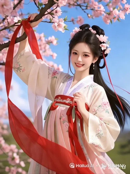 红绸飘飘，衣袂飘飘，花枝摆动，女子微笑着将红绸挂在树枝上，镜头缓缓拉远，展示美好的背景画面，画质高清，画面美好 by Hailuo AI Video Generator