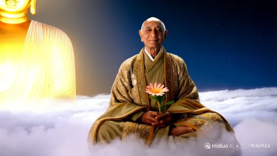 禅定老者端坐云海之巅，身后金佛虚影拈花含笑，衣袂翻飞间鎏金华纹流转，水墨山川自袖中倾泻，佛光穿透翻卷经卷，星辰凝聚为"心中驻佛"四字。（注：46字国风长镜头，以流动的金光绸缎贯穿画面，云雾虚实间暗藏梵文经卷，莲花次第绽放于衣纹褶皱，最终星轨聚字点题。） by Hailuo AI Video Generator