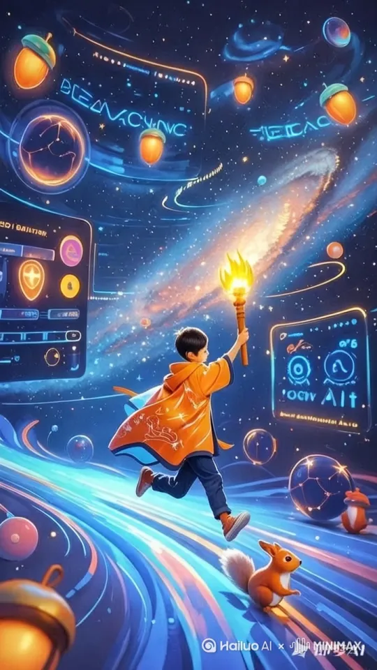 星球在缓缓转动，星空下，孩子手持火炬奔跑，点燃沿途的知识灯塔，星星在闪烁，从远到近奔跑 by Hailuo AI Video Generator