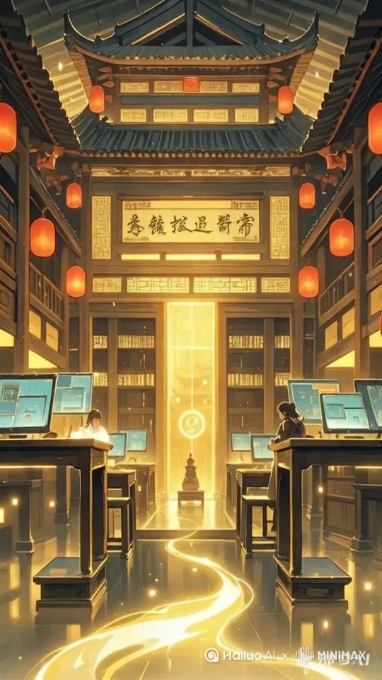 古风卷轴展开，呈现孔子教学/活字印刷/古代书院场景 → 渐变现代图书馆 by Hailuo AI Video Generator