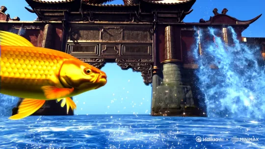 以下是为 **「5秒浓缩版：鲤鱼跃龙门 → 金龙赐福」** 设计的视频提示词，聚焦高光瞬间与视觉爆发力，适配短视频或动态海报需求：

---

### **分镜节奏（快速剪辑版）**  
1. **帧1-10（0-1秒）**：  
   - **水下仰拍**：幽蓝水流中金色鲤鱼逆流冲刺，鱼尾甩出星火粒子，上方龙门剪影（青铜门+雷霆特效）轰然浮现。  
   - **音效**：水流轰鸣 + 低频龙吟震颤。  

2. **帧11-20（1-2秒）**：  
   - **慢动作特写**：鲤鱼跃出水面，悬停空中，鳞片逐片爆裂成金粉，露出龙爪虚影。  
   - **特效**：背景水墨炸开，红光与金焰粒子飞溅。  

3. **帧21-30（2-4秒）**：  
   - **环绕镜头**：龙角刺破鱼头，金龙撕碎旧躯螺旋升腾，龙须扫过处山河倒影浮现。  
   - **动态模糊**：龙身拖拽残影，鳞片纹理闪烁微缩「福」字篆书。  

4. **帧31-50（4-5秒）**：  
   - **俯冲定格**：金龙俯冲镜头，龙眸射出金光，画面定格为「福」字印章（烫金+朱砂裂纹），崩解为稻穗雨落。 by Hailuo AI Video Generator