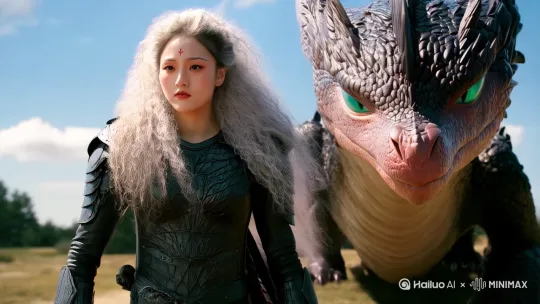 在场景中，有一个身影拥有银白色的长卷发，垂落在她的双肩两侧。她/他身穿中世纪风格的黑色铠甲，紧紧地束在腰间，铠甲的下部分看起来像是一条在风中飘扬的流动裙子。在身影的右后方，躺卧着一条巨大的龙，它的皮肤纹理和细节清晰可见。龙的眼睛像巨大的绿宝石一样闪闪发光，瞳孔像尖针一样锐利。龙表现得像身影的宠物一样，温顺地低下头，让身影抚摸它。整个场景的风格让人想起《权力的游戏》的美学。 by Hailuo AI Video Generator