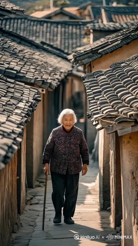 老奶奶老奶奶走着走着纵身一跃，跳上房顶。 by Hailuo AI Video Generator