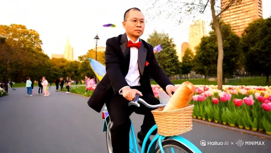 广角镜头：男人脖子戴红色领结，穿着黑色西服骑蓝色复古自行车穿越城市公园，两脚蹬在脚踏板上。车篮装有法棍面包，路边盛放郁金香，背景有孩童放风筝。动作流畅，黄昏金色光线。 by Hailuo AI Video Generator