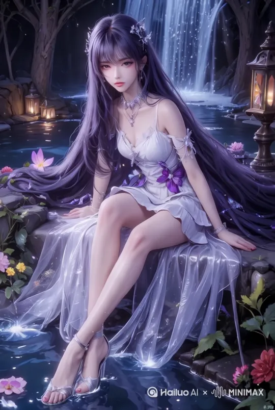 人物起身站立起来，自身旋转跳跃一圈，然后模特站立姿态，眨眼，微微一笑，给镜头一个飞吻 by Hailuo AI Video Generator