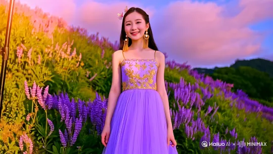 一位25岁的中国女孩，面容精致如瓷娃娃，杏仁眼灵动含笑意，双颊微红透出俏皮感。身着淡紫色吊带连衣长裙，裙摆及踝呈现云雾般质感，裙身布满立体刺绣藤蔓与百合花图案，领口及腰间缀以金色丝线滚边，修身剪裁凸显曼妙曲线。佩戴金色流苏耳坠与珍珠蝴蝶发饰，东方婉约与轻奢浪漫交融。采用16mm超广角镜头低角度仰拍，女孩侧身立于青翠山坡，裙摆扬起动态弧线，背景澄澈蓝天叠染淡粉云霞，前景放大紫罗兰与刺绣呼应。自然光模拟午后日照，面部反光板补光透出珍珠光泽，淡紫渐变阴影与紫金色主色调交织梦幻氛围。电影级光影构图，8K超精细质感，Vogue风格时尚大片，立体刺绣细节达工笔画精度，广角透视强化空间纵深感。 by Hailuo AI Video Generator