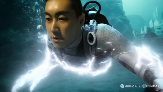 景别：特写动作人物
人物动作：007身穿银白色高科技潜水服，快速游入海底城入口，画面中007潜水服冒出白色的电光，然后整个身体被电光包围，越游越快，两边的景物快速汇成飞去，中间场景产生动态模糊形成白色光芒的时空隧道。
人物表情：坚定、专注
场景：海底城入口，科幻、蓝色未来城堡
氛围：紧张、神秘
运镜：左移，右摇，紧随、快速推进到007的脸部 by Hailuo AI Video Generator