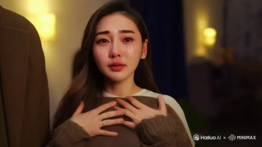 自然表情，表情是微信着流泪，自然呼吸，自然眨眼，头发自然飘动，胸口随着呼吸自然起伏，手自然放下，毛衣衣角随着手放开自然垂落，然后再重新抓起毛衣衣角到原来的位置。向后退一步。。整画面越来越清晰，大师级别，电影感， by Hailuo AI Video Generator