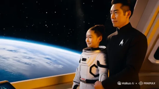 景别：特写
人物动作：007身穿黑色西装手拉着6岁身穿高科技白色太空服女儿在太空城深情的眺望地球与外太空
人物表情：温馨、满足
场景：太空城观景台，星光闪烁、高科技感
氛围：感人、宁静
运镜：环绕缓慢后拉远，展现007跟女儿的背影与太空与一个完整的地球 by Hailuo AI Video Generator