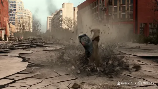 地面裂缝 [Shake] 突然震动，镜头 [Truck left] 追随主角奔跑。建筑物倾倒时 [Tilt down] 躲避，随后 [Zoom in] 对焦主角惊恐的面部，最后 [Pull out] 展示城市崩塌的全景 by Hailuo AI Video Generator