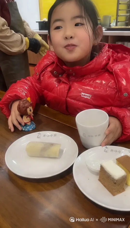小女孩拿起杯子喝水后 镜头快速拉远，桌上满满的美食 by Hailuo AI Video Generator