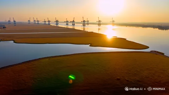 无人机航拍黄河入海口日出，金色阳光洒在湿地上，石油井架与自然景观交融，超广角镜头，电影级光影 by Hailuo AI Video Generator