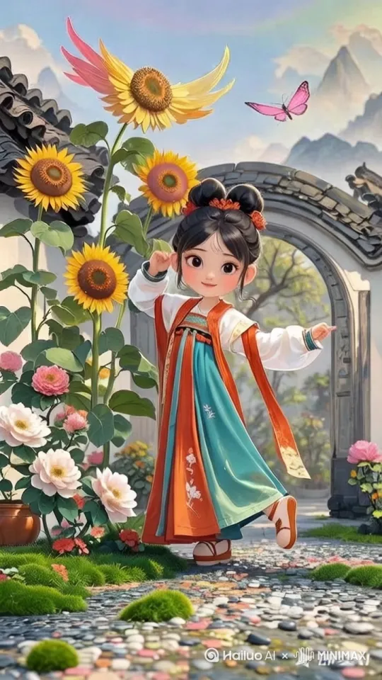推镜头，最后聚焦在女孩头顶的向日葵花上 蝴蝶起飞， 女孩跳舞 by Hailuo AI Video Generator