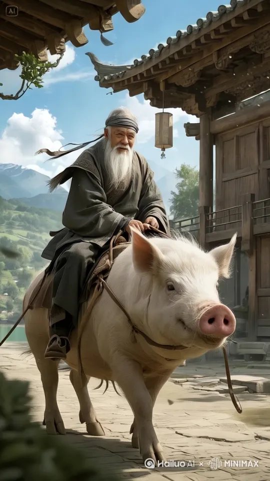 动态跟随，老者骑着猪慢慢的在街上向我走来 by Hailuo AI Video Generator