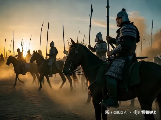 画面中骑兵策马奔腾，长枪前指冲锋[跟随,晃动,变焦拉远] by Hailuo AI Video Generator