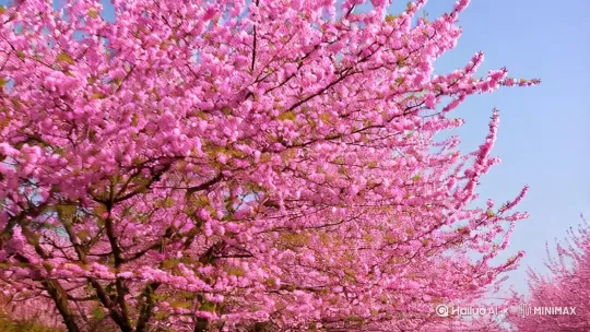 春风拂过，桃花盛开，粉红的花瓣如同天边的云霞，美不胜收。 by Hailuo AI Video Generator