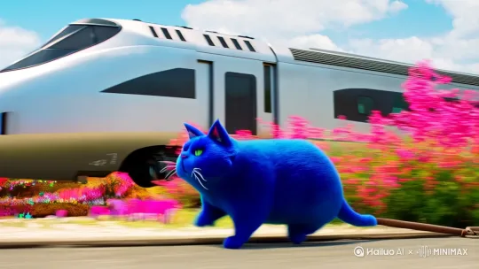 一只蓝色的胖猫在高铁前面拉着高铁奔跑。 by Hailuo AI Video Generator