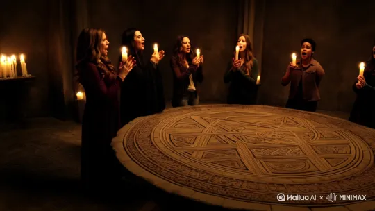 五个人围绕着一个法阵一起念咒，下一秒法阵发出一阵诡异的光芒，一条猩红的触手从法阵中伸出。 by Hailuo AI Video Generator