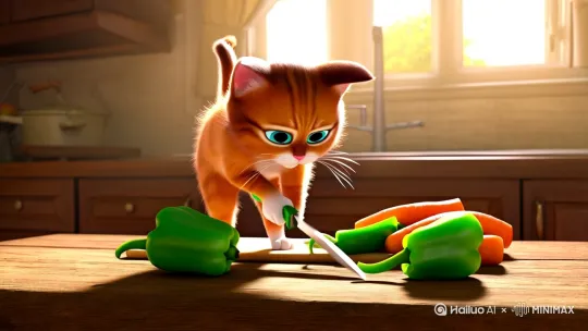 小猫咪切菜做饭视频 by Hailuo AI Video Generator