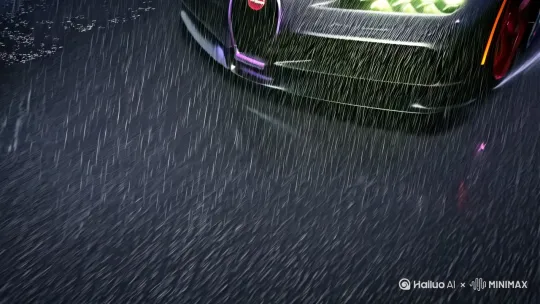【核心元素】 
1. 黑色碳纤维超跑(布加迪Chiron/Pagani Huayra造型) 
2. 暴雨中飞驰动态： 
   - 轮胎划破积水形成扇形水幕 
   - 红色刹车盘在雨中泛着炽热红光 
   - 挡风玻璃雨刷高频摆动特写 
   - 车尾气流扰动雨幕形成涡流轨迹 
3. 环境设计： 
   - 湿漉沥青路面倒映霓虹广告牌 
   - 暴雨在车灯束中形成光幕粒子 
   - 蒸汽从路边排水沟升腾 
   - 被惊飞的夜鸟慢镜头 

【运镜设计】 
- 开场：俯拍雨滴坠向引擎盖特写→滑向发光的车标 
- 追逐镜头：车侧30°低角度追拍(速度线效果) 
- 过弯特写：轮胎压过水洼溅起2米高水墙(升格到120fps) 
- 主观镜头：挡风玻璃视角雨刷律动中穿梭城市隧道 

【特效增强】 
- 动态模糊处理轮毂旋转 
- 车灯穿透雨幕的体积光效 
- 湿润车身反射的霓虹光斑 
- 排气管喷出的热气扭曲雨帘 

【氛围细节】 
- 背景隐约警笛声暗示追逐 
- 轮胎与地面摩擦产生的瞬间电火花 
- 驾驶舱内转速表红色指针剧烈跳动 
- 后视镜中急速缩小的街景 by Hailuo AI Video Generator
