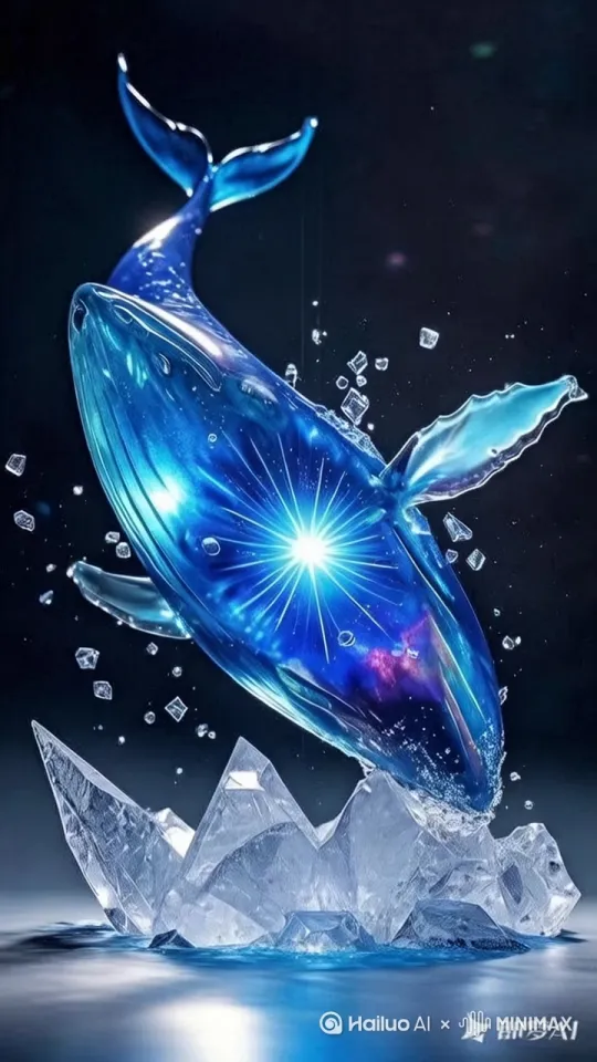 鲸鱼撞碎冰山后，冰晶碎片先向外扩散再逆向回收，形成星尘漩涡，镜头从俯冲转为360度环绕  
"星尘漩涡"激活隐藏的「宇宙坍缩」模板
 
"逆向回收"自动关联逆向动力学参数 by Hailuo AI Video Generator