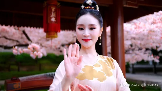 以下是以一位女性舞者为例，古风舞 5 秒视频的提示词，你可根据实际情况调整：
 
镜头：采用特写与中景结合，起始 1 - 2 秒为舞者面部及上半身特写，展示神情与手部动作；3 - 5 秒拉至中景，展现全身舞蹈姿态。
 
服装搭配：身着淡粉色广袖襦裙，裙摆绣有浅金色流云花纹，腰系同色丝带，丝带末梢缀着小巧的玉石配饰。发型为高髻，斜插一支翠玉簪，搭配珍珠耳坠。
 
场景关键词：古色古香的木质亭台，周围是盛开的桃花树，地上落英缤纷，亭中有一方古筝。微风轻拂，花瓣飘落。
 
每秒肢体动作：
 
- 第 1 秒：特写镜头下，舞者眉眼含情，朱唇轻启似浅笑，双手缓缓抬起，在胸前交叠，广袖滑落，露出纤细皓腕，手腕轻轻转动，带动衣袖飘动。
 
- 第 2 秒：保持特写，双手向两侧伸展，手掌翻转如落花轻盈，手臂微曲，展现出柔美的线条，眼神随右手移动方向流转，似在寻觅。
 
- 第 3 秒：镜头拉至中景，舞者迈出左脚，右脚跟上成丁步，身体微微下蹲，同时双手在身前舞动，广袖如蝶翼般翩跹，带出优美弧度。
 
- 第 4 秒：起身，以左脚为轴，轻盈旋转一圈，裙摆飞扬，如同盛开的花朵，双手向上伸展，似要接住飘落的花瓣，姿态轻盈优美。
 
- 第 5 秒：旋转停止，右脚在前，左脚在后，呈半蹲姿势，身体微微后仰，双手缓缓落下至身侧，广袖自然垂落，眼神望向远方，脸上带着恬静的笑容，画面定格。
 
整段视频追求高清画质，光线柔和明亮，将古风韵味与舞者的柔美灵动完美展现。 by Hailuo AI Video Generator
