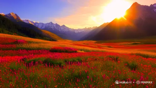 暖金色夕阳渲染整个山谷
- 长焦压缩远处花海与雪峰 by Hailuo AI Video Generator