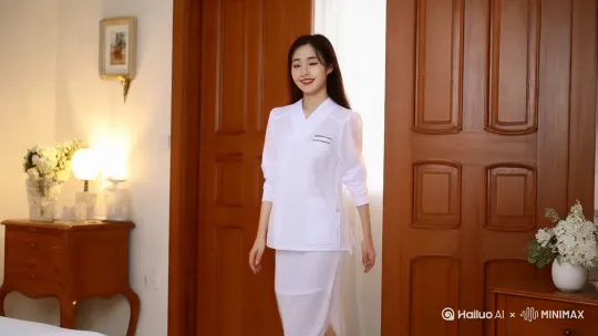 按摩师推门走了进来，坐在床边，对着镜头笑了笑 by Hailuo AI Video Generator