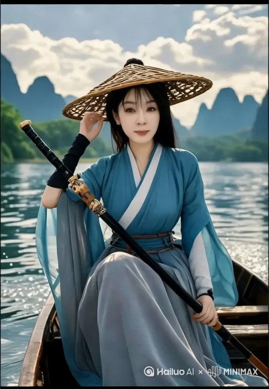 河水流动，小船往前游走，风吹起头发，女侠看着你 by Hailuo AI Video Generator