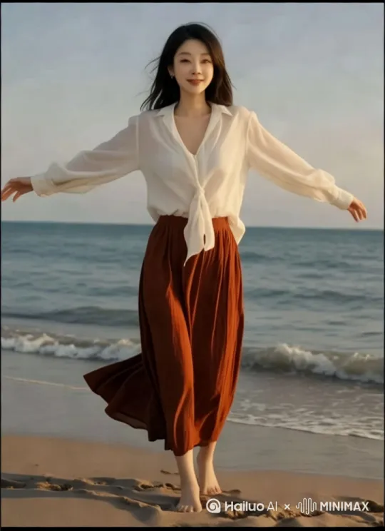 海水拍打着沙滩，海风吹起她的头发，走在沙滩上。 by Hailuo AI Video Generator