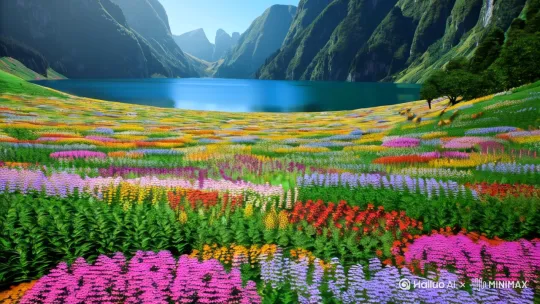 青山绣水的仙境湖畔，野花遍野，群蜂纷飞。 by Hailuo AI Video Generator
