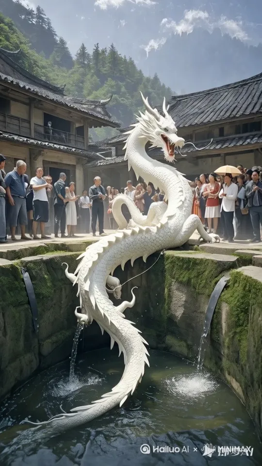 镜头固定，巨龙快速迅速钻入井水中，水花四溅，人物全都在鼓掌16K超清晰蓝光画质，动作连贯自然没有瑕疵 by Hailuo AI Video Generator