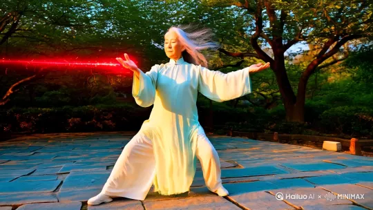 主场景描述： "清晨5:30古风小区花园，60岁优雅女性穿真丝禅修服打太极，金色晨光穿透梧桐叶在青石板投下光斑，发丝随'云手'动作飘扬，掌心泛出朱砂红光晕，脚下自动生成旋转的太极八卦全息投影" 特效触发词： 经络可视化：手三阴经红色流光动画（从云门穴至少府穴） 能量粒子：金色粒子随呼吸聚集膻中穴→随动作流向指尖 水墨特效：收势时仙鹤虚影从背后展翅+银杏叶飘落转场 发丝细节：慢镜头呈现银发丝动态物理效果（每根发丝独立飘动） 镜头参数指令 主镜头：环绕360度慢速运镜（每秒0.5圈） 光影模式：丁达尔效应强化版（光束中可见悬浮微粒） 色彩配置：青瓷色环境光+穴位朱砂红光效（RGB:178,58,52） 渲染精度：8K超写实皮肤纹理（老年斑与皱纹细节保留） 即梦专属控制词 [动作捕捉=太极大师李德印1987版教学视频] [环境音效=自定义混合包：晨鸟啼鸣70%+古琴泛音20%+溪流声10%] [智能优化=开启老年人面部表情增强/自动补帧至60FPS] by Hailuo AI Video Generator