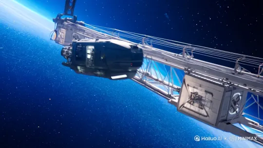 一个宇航员通过太空电梯到达鸾鸟空天平台进入宇宙飞船到达月球基地 by Hailuo AI Video Generator